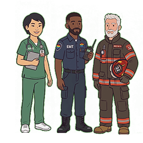 Cartoon image of an adult and two seniors