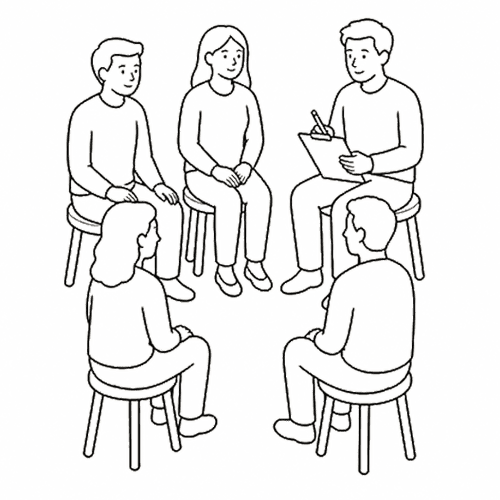 Sketch of people sitting in a circle representing a group therapy session
