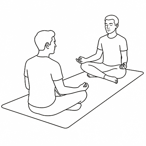 Sketch of two figures facing each other on a yoga mat representing a minful yoga session