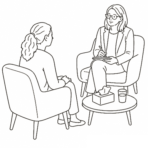 Sketch of a client reclining on a couch answering a therapist's questions